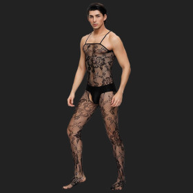 Schrittloser, blütenbesetzter Netz-Bodystocking für Männer