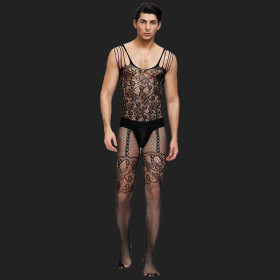 Floral Motif Mesh Bodystockings For Men