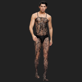 Schrittloser, blütenbesetzter Netz-Bodystocking für Männer