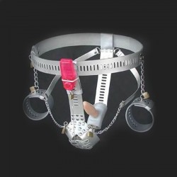 cintura di castità per l'uomo in pelle argento manette, anal plug, vibratore anale integrato per divertirsi di più