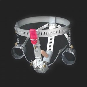 Keuschheitsgürtel für Mann in Handschellen Silber Leder, Analplug, Anal-Vibrator für mehr Spaß integriert